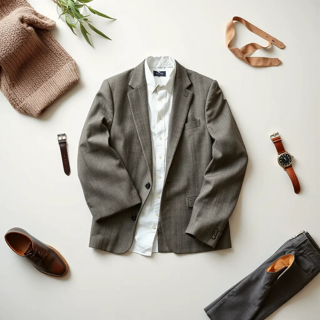 Neutral wardrobe essentials laid out with tailored layers, knitwear, and simple leather accessories.