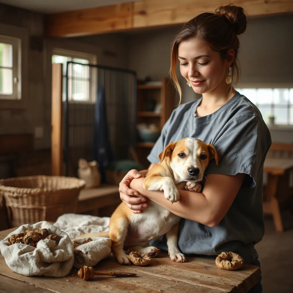Volunteer gently caring for a rescued animal in a warm sanctuary setting