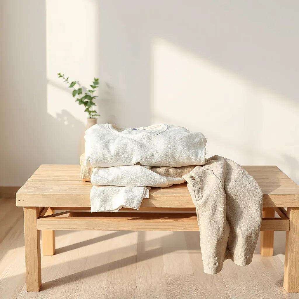 Neutrally toned intentional clothing laid out neatly in warm morning light