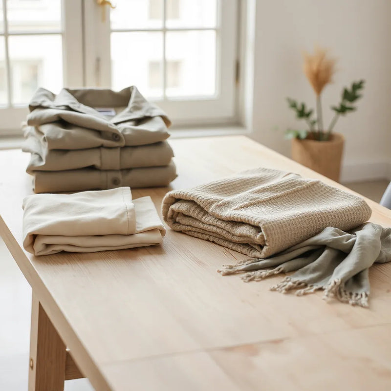 Neutrally toned calm modern clothing pieces neatly arranged with natural light in a minimalist room