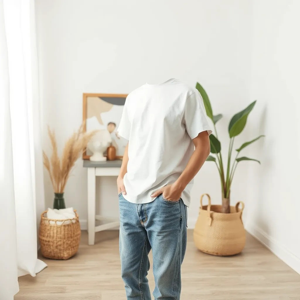 Person wearing a monochrome minimalist graphic tee with relaxed jeans in a bright, uncluttered room