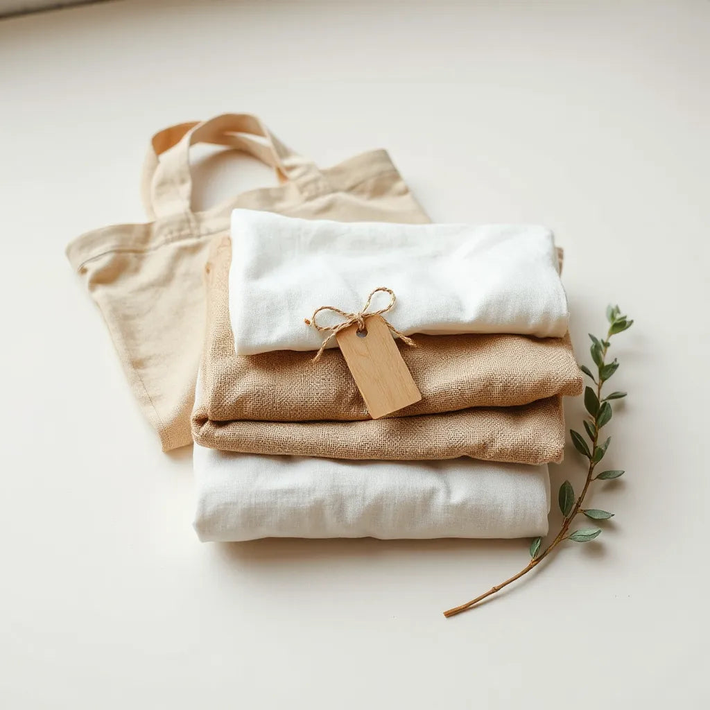 Folded natural-fabric clothing with a reusable tote, twine tag, and green leaves on a neutral background.