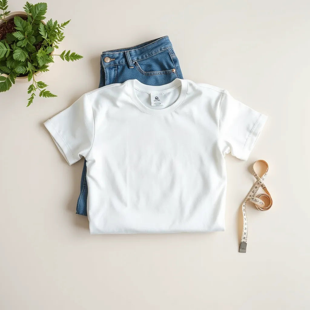 Neatly folded unisex cotton tee with a measuring tape on a light background