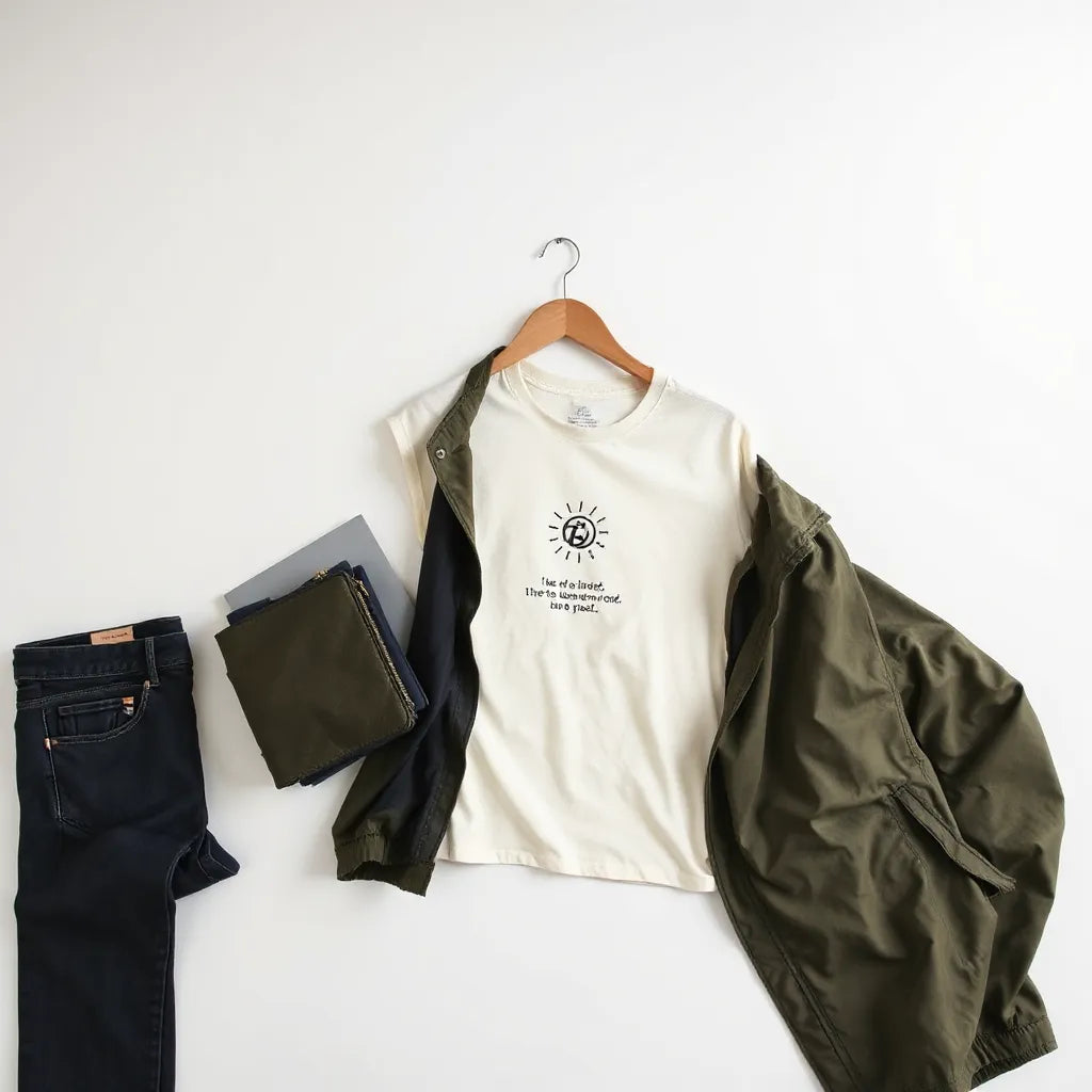 Neutral outfit styling featuring a t-shirt with an illustrated message-themed graphic and simple accessories