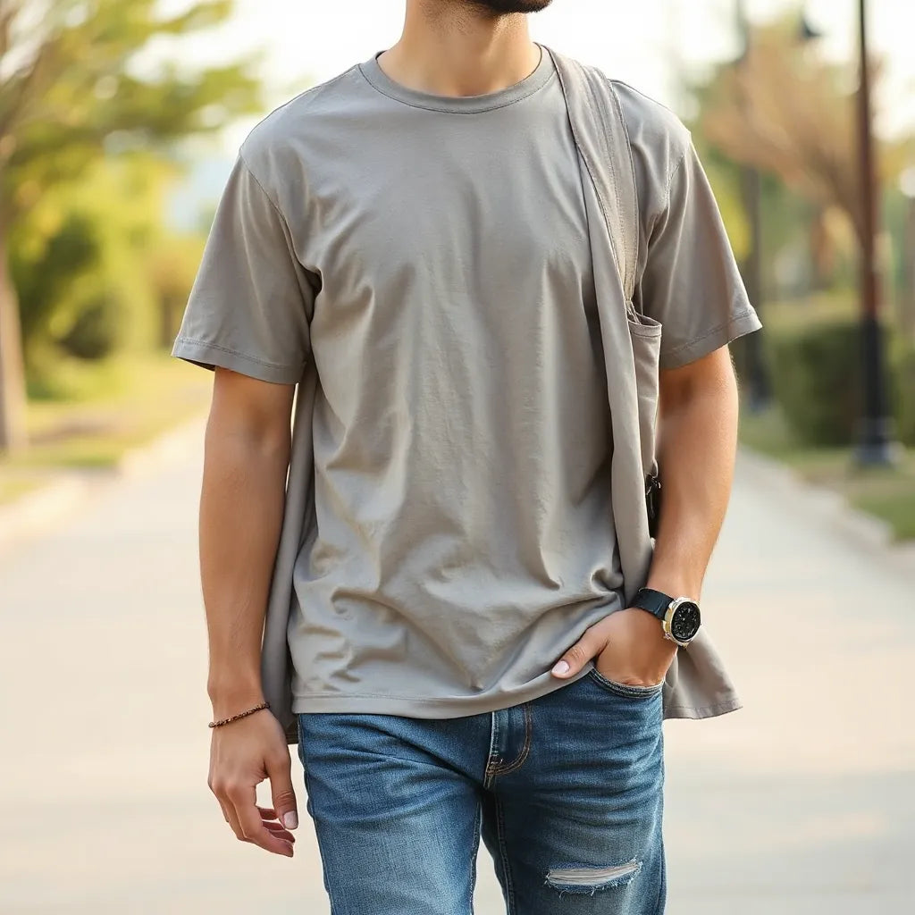 Person wearing a plain everyday t-shirt with jeans and sneakers outdoors in soft daylight
