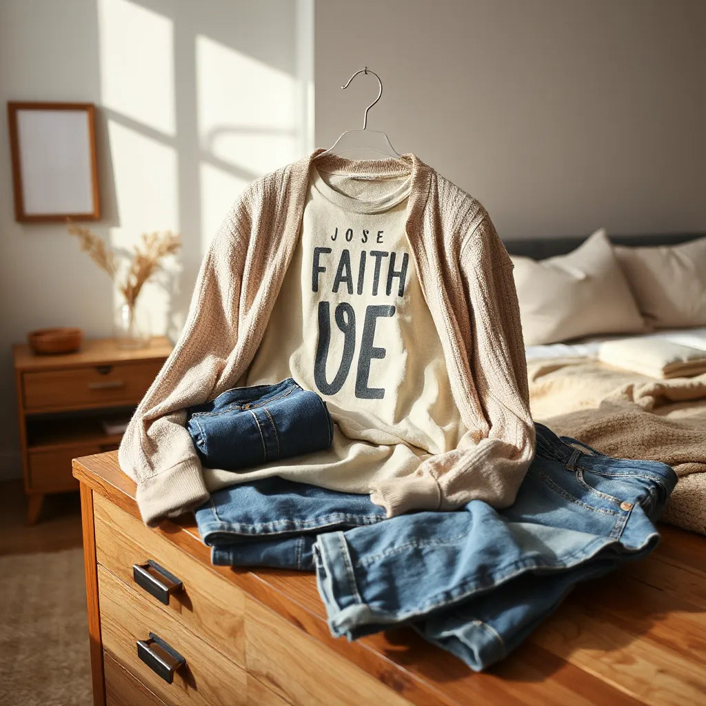 Neatly arranged casual outfit with faith-inspired top, denim jeans, and minimal cross necklace in warm light