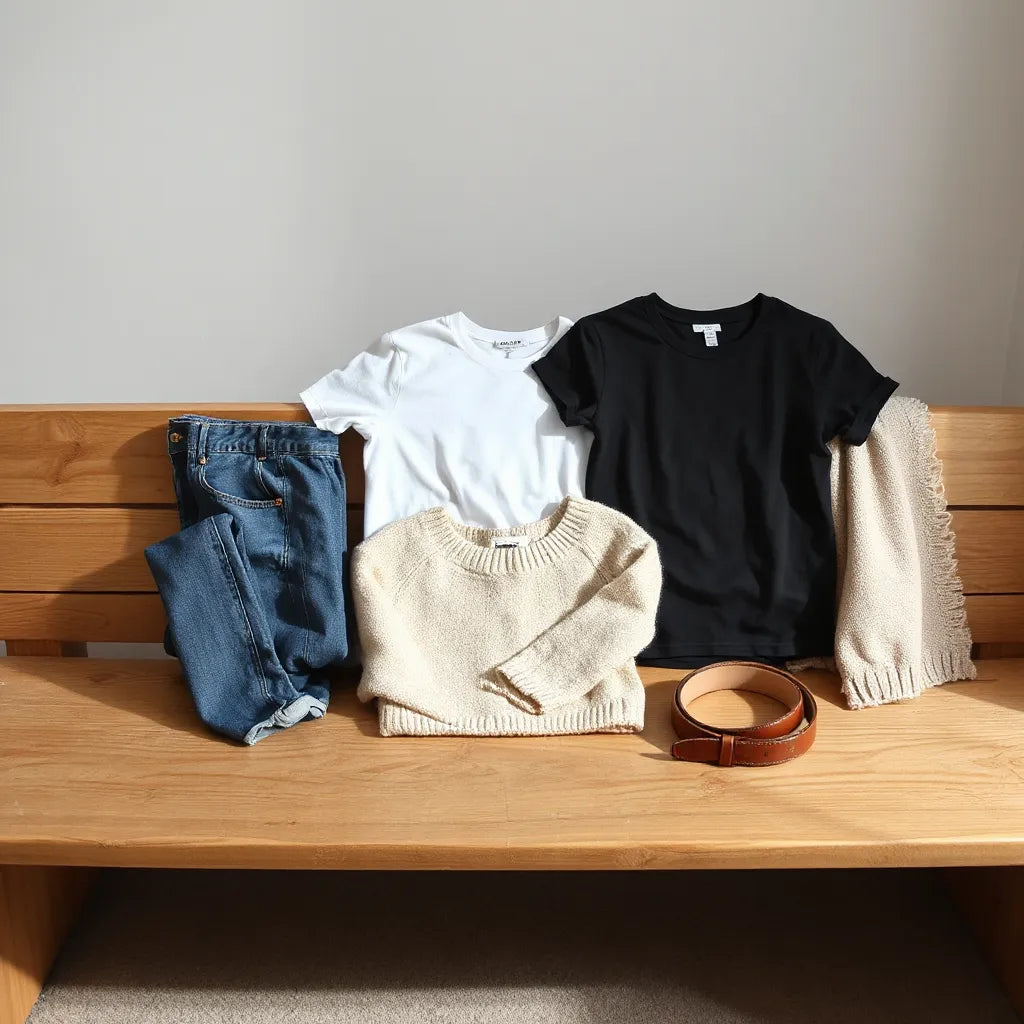 Neatly arranged everyday core essentials clothing basics including tees, sweater, jeans, and belt in natural light