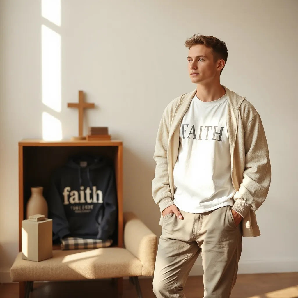 Casual outfit styled with subtle faith-themed clothing and a small cross ornament in a bright, minimal room