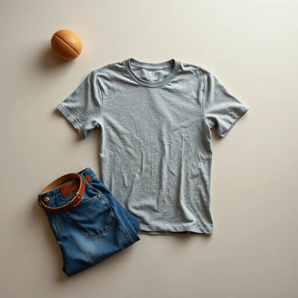 Neatly folded classic design t-shirt with jeans and a leather belt on a neutral background