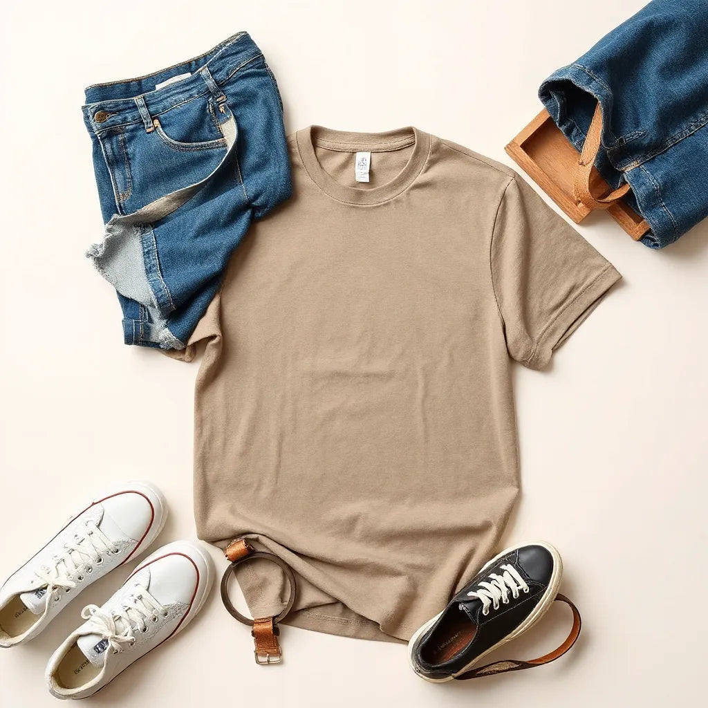 Minimal front print t-shirt styled with neatly folded denim and sneakers on a neutral background