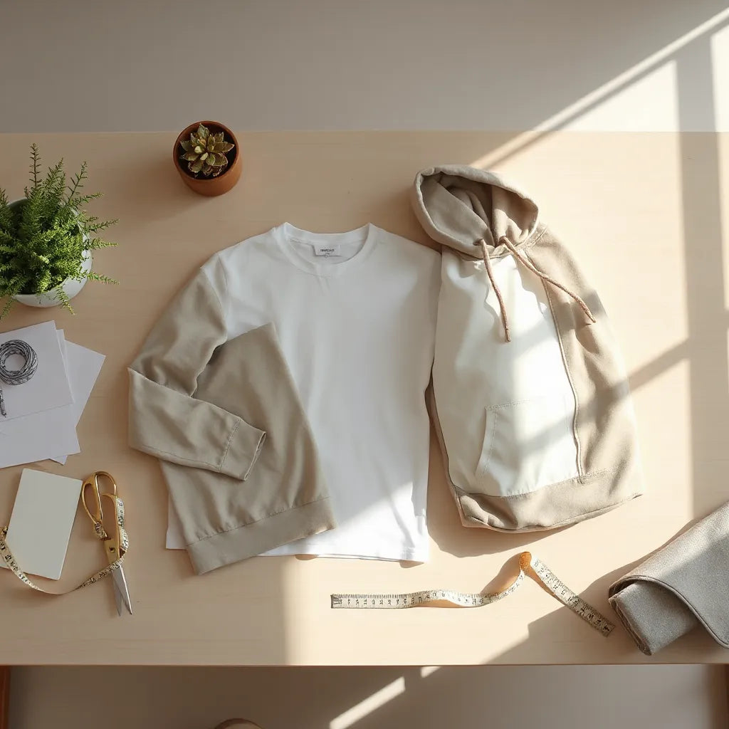 Neatly arranged custom apparel items on a light wooden table with soft natural lighting