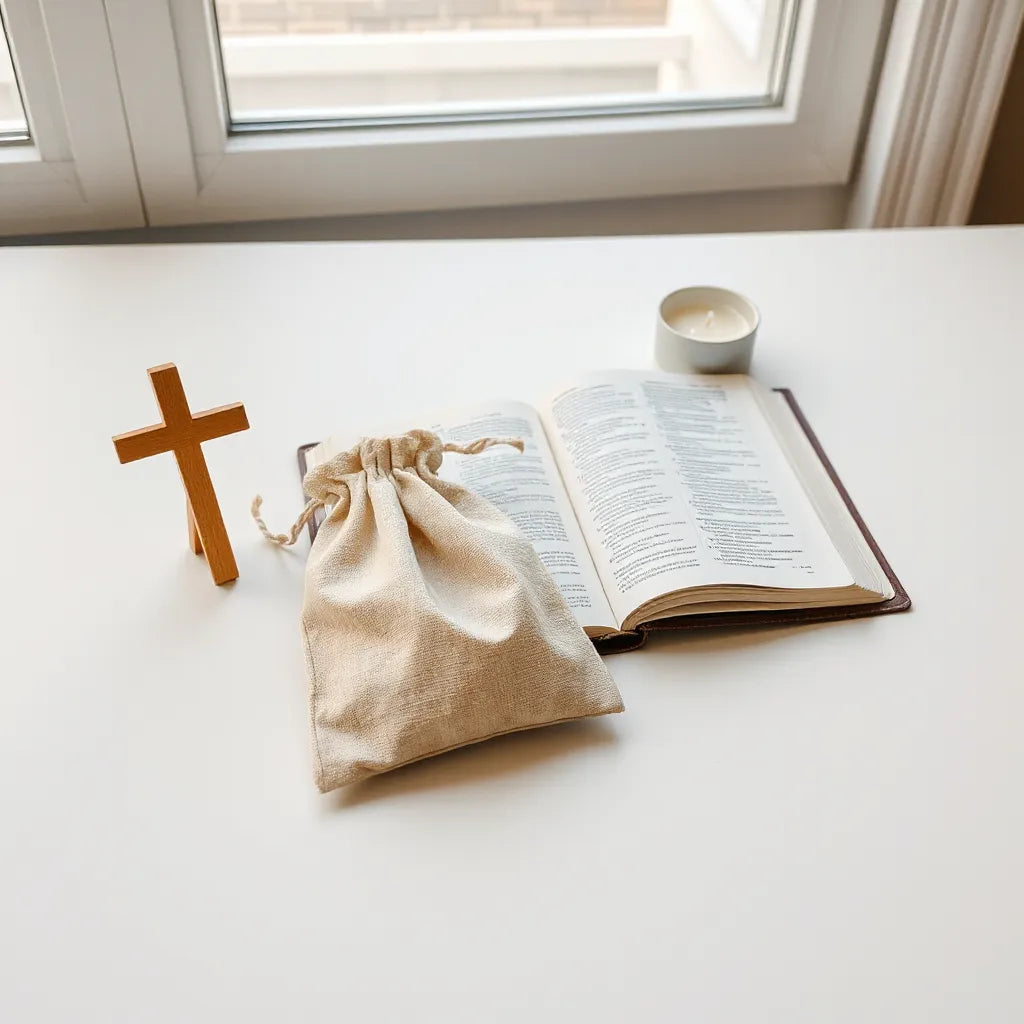 Small wooden cross and simple Bible on a neutral tabletop with a candle and fabric pouch