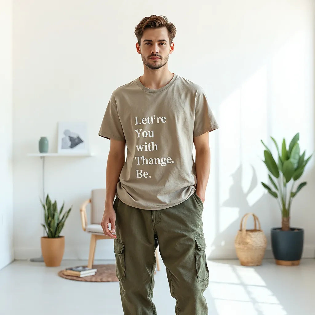 Person wearing a neutral outfit with a subtle message graphic on a t-shirt in soft natural light