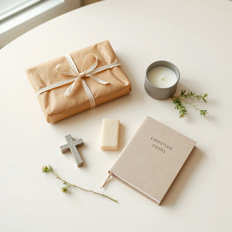 Minimalist Christian gifts on a clean table with a ribbon-wrapped parcel, cross, journal, candle, and greenery
