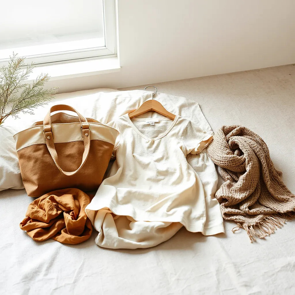 Neutral folded clothing and a reusable tote in bright minimalist light