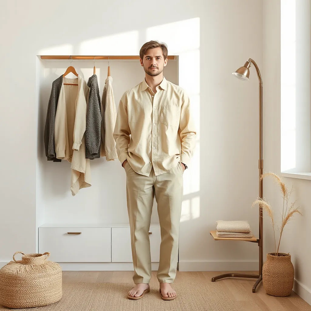 Person in neutral everyday clothing with natural fabrics beside a minimalist closet