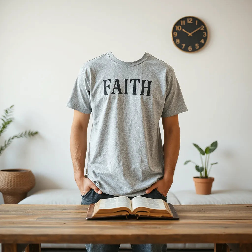 Relaxed t-shirt styled with a Bible on a wooden table in soft natural light