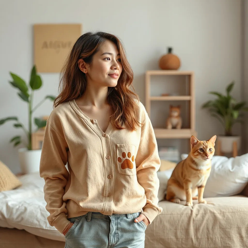 Person wearing casual animal-themed clothing next to a calm dog and cat in a bright, minimal setting