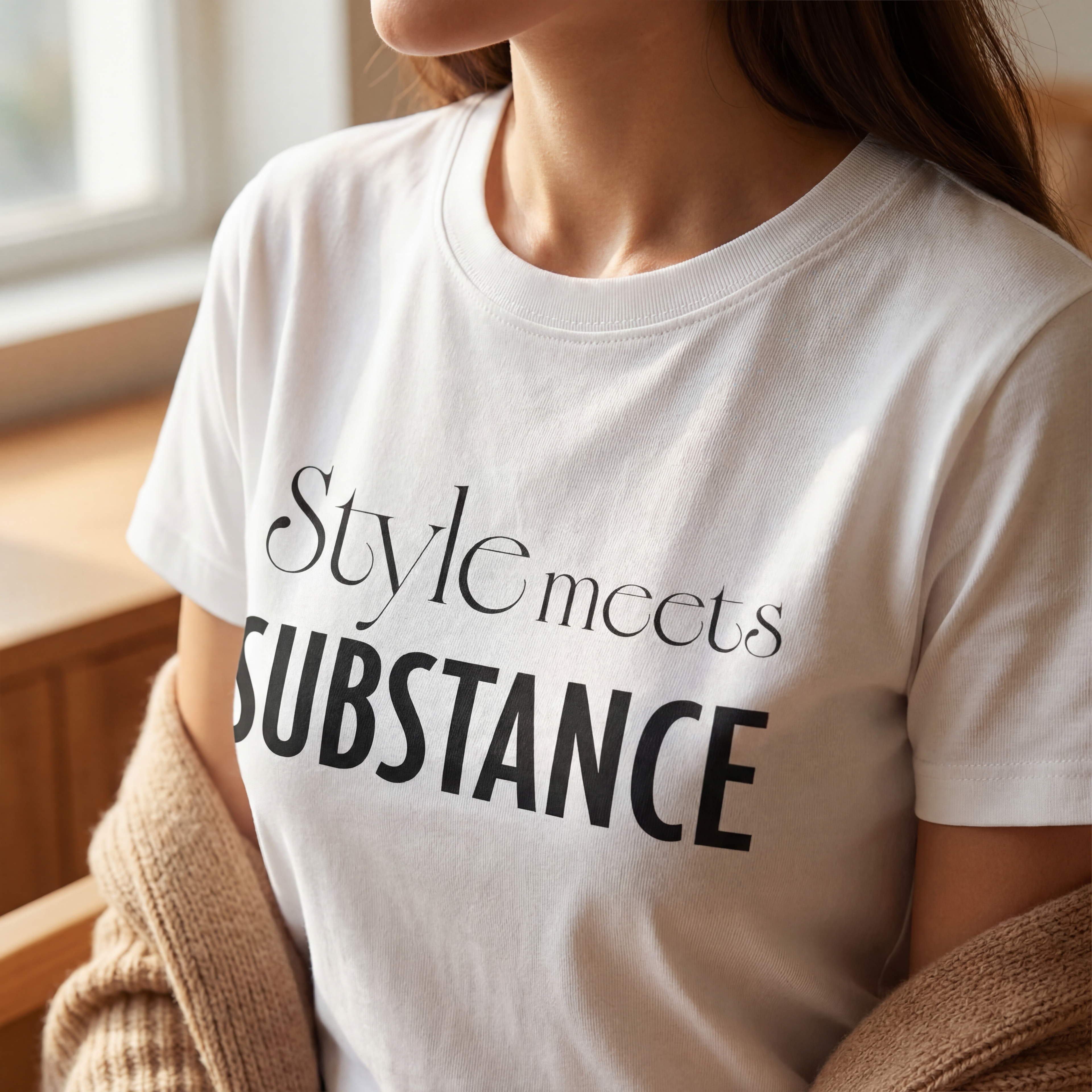 Close up of the "style meets substance" organic cotton t shirt showing soft fabric texture and clean printed text.