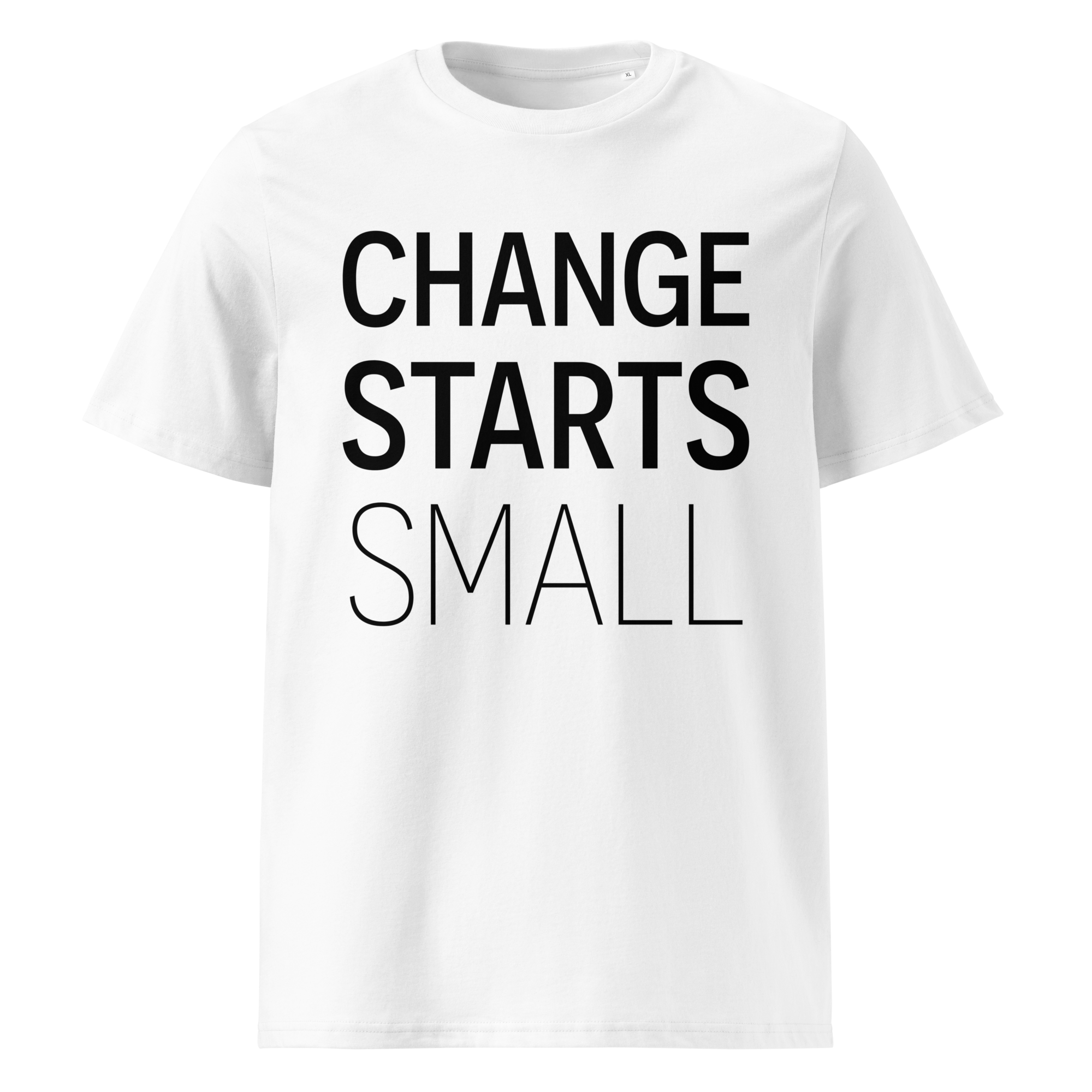 Front view of the "Change starts small" t-shirt