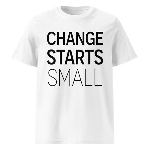 Front view of the "Change starts small" t-shirt