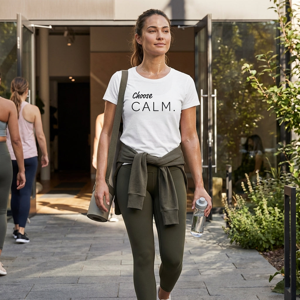 Model 2 wearing Choose calm organic cotton white t-shirt