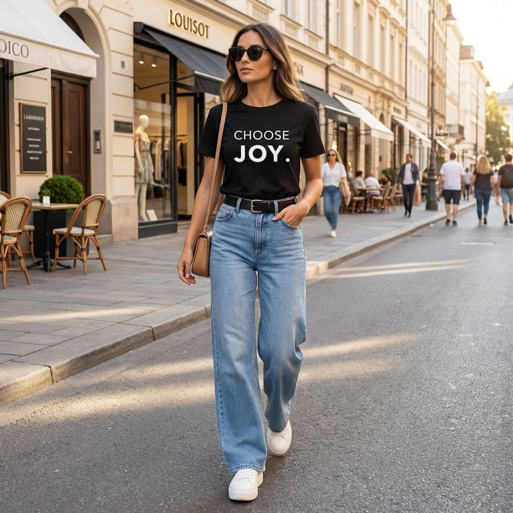 Model 2 wearing Choose joy organic cotton black t-shirt 