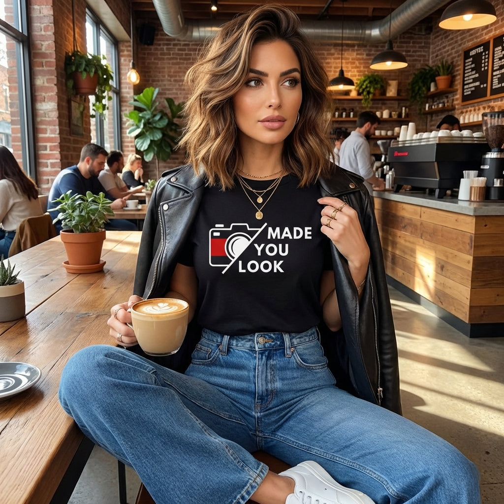 Model 2 wearing Made you look organic cotton black t-shirt 