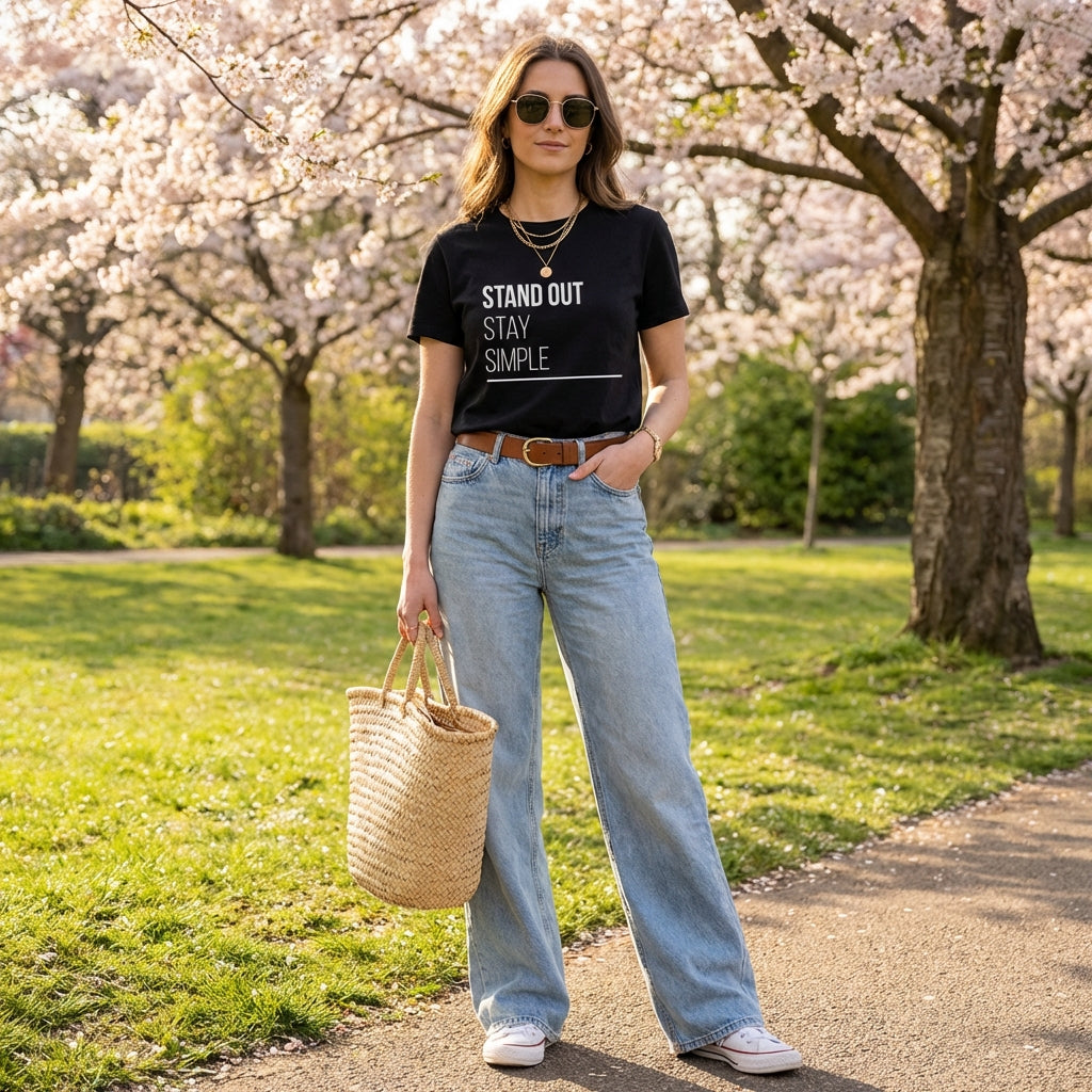 Model 2 wearing Stand out stay simple organic cotton black t-shirt