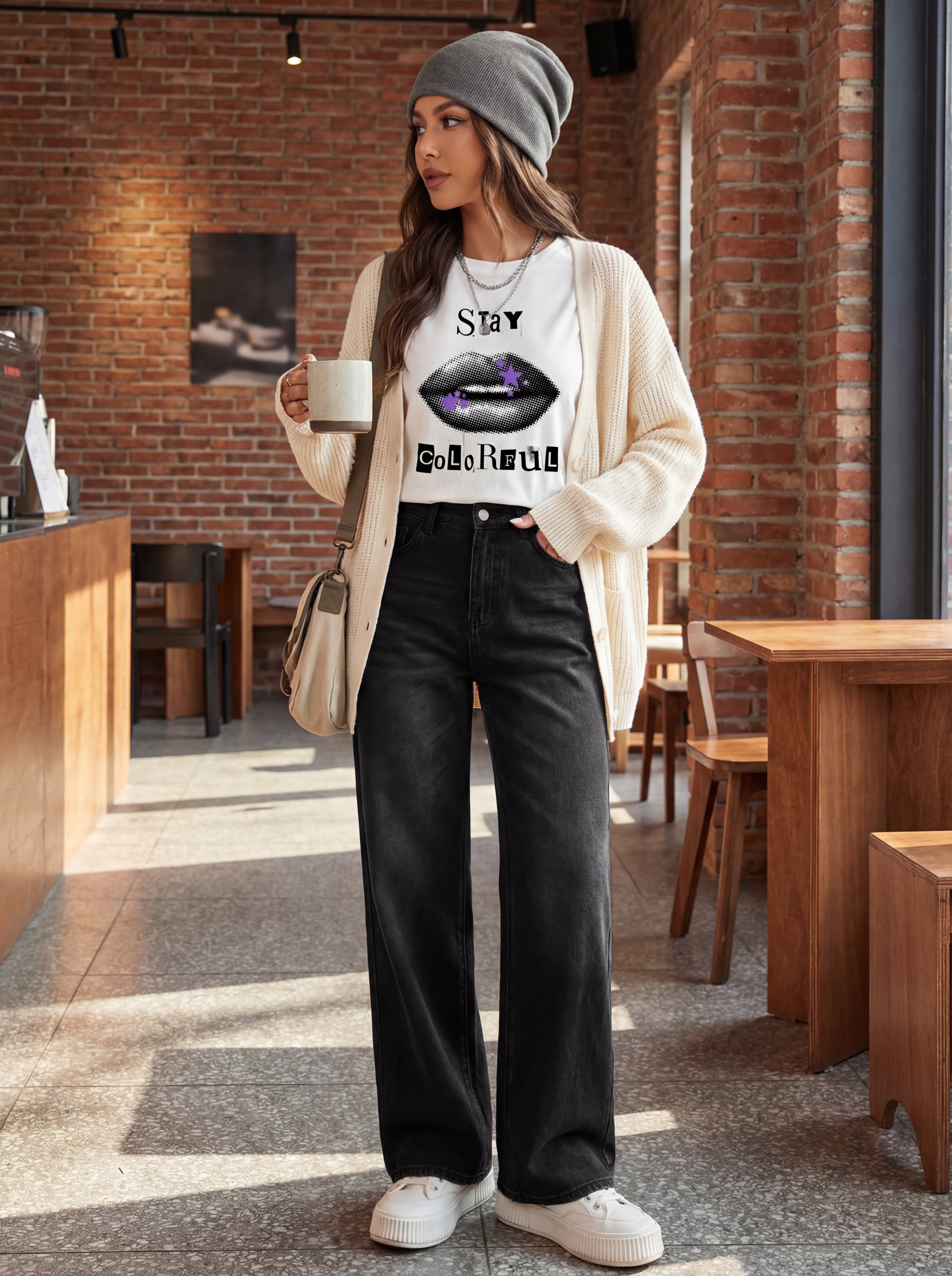 Model 2 wearing Stay colorful organic cotton white t-shirt 