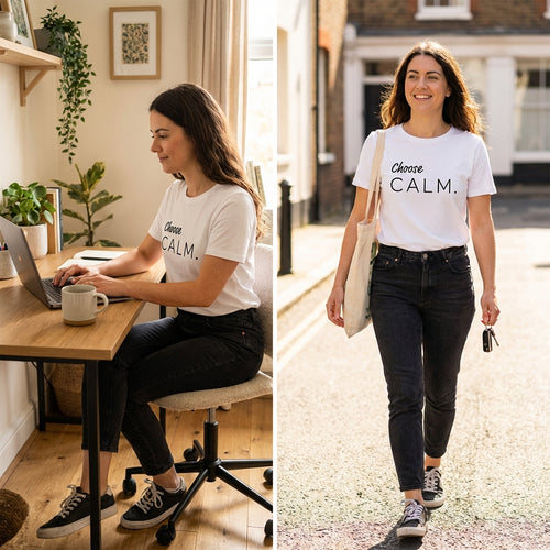 Model 3 wearing Choose calm organic cotton white t-shirt