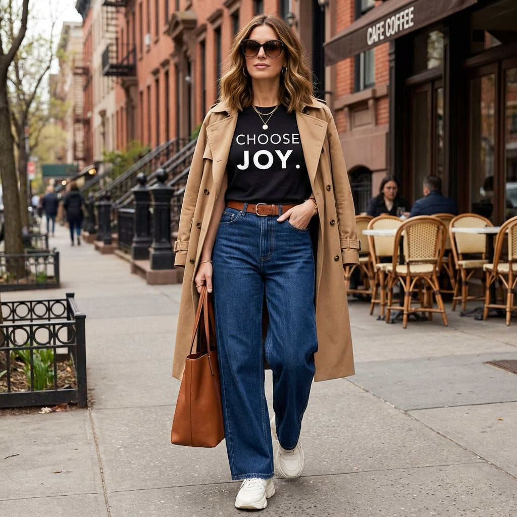 Model 3 wearing Choose joy organic cotton black t-shirt 
