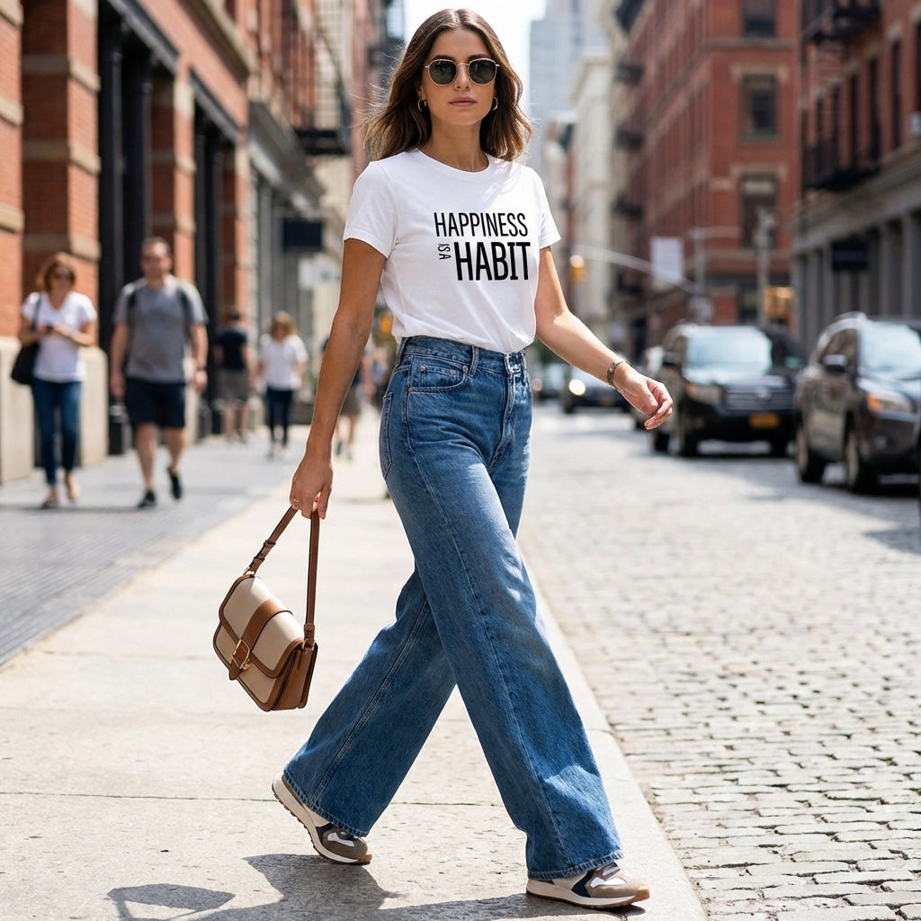 Model 3 wearing Happiness is a habit organic cotton white t-shirt