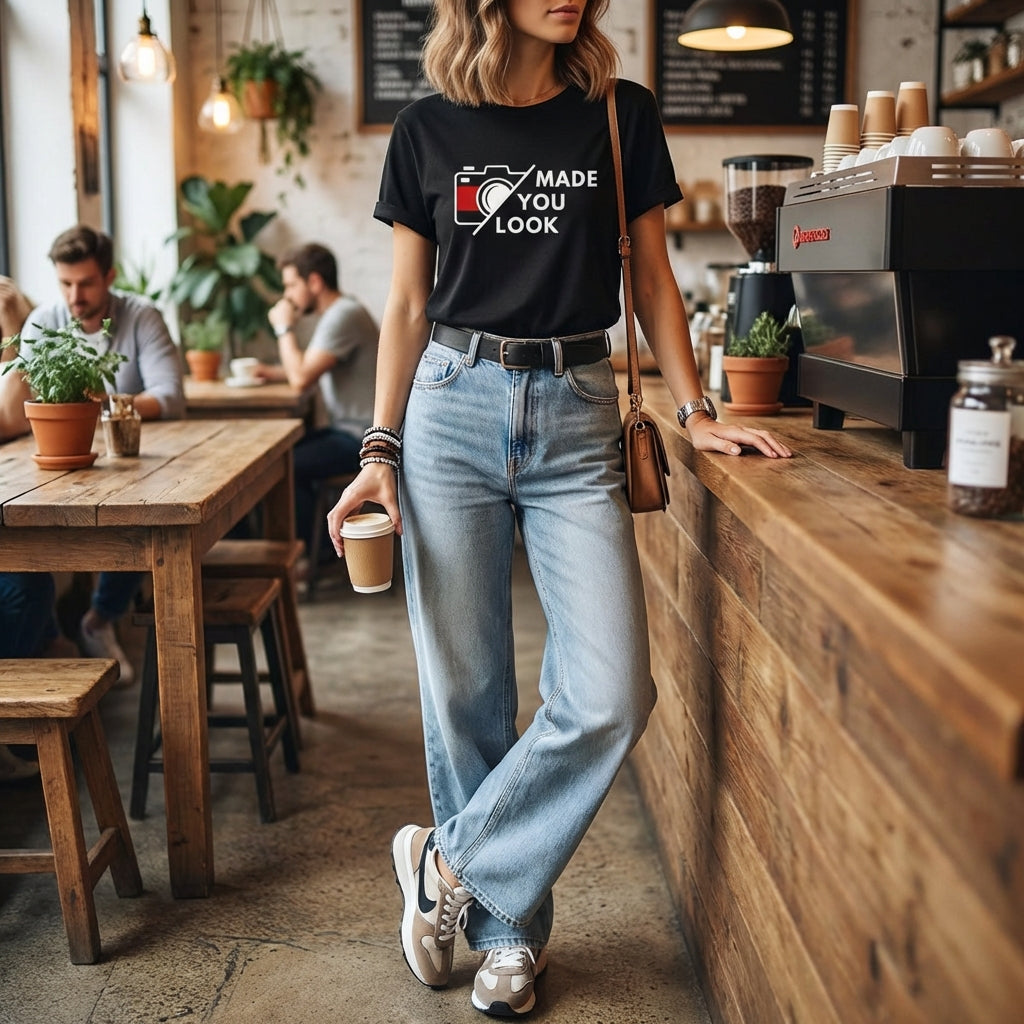 Model 3 wearing Made you look organic cotton black t-shirt 