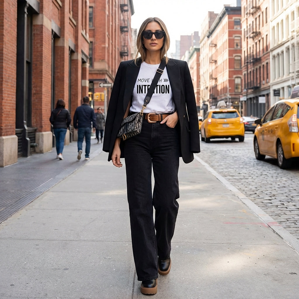 Minimalist graphic tee with clean, modern typography reading Move with intention – Minimalist Graphic Tee (Organic Cotton), made from organic cotton.