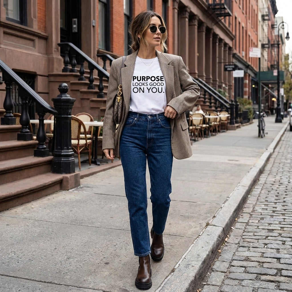 Minimalist graphic tee with clean, modern typography reading Purpose looks good on you – Minimalist Graphic Tee (Organic Cotton), made from organic cotton.