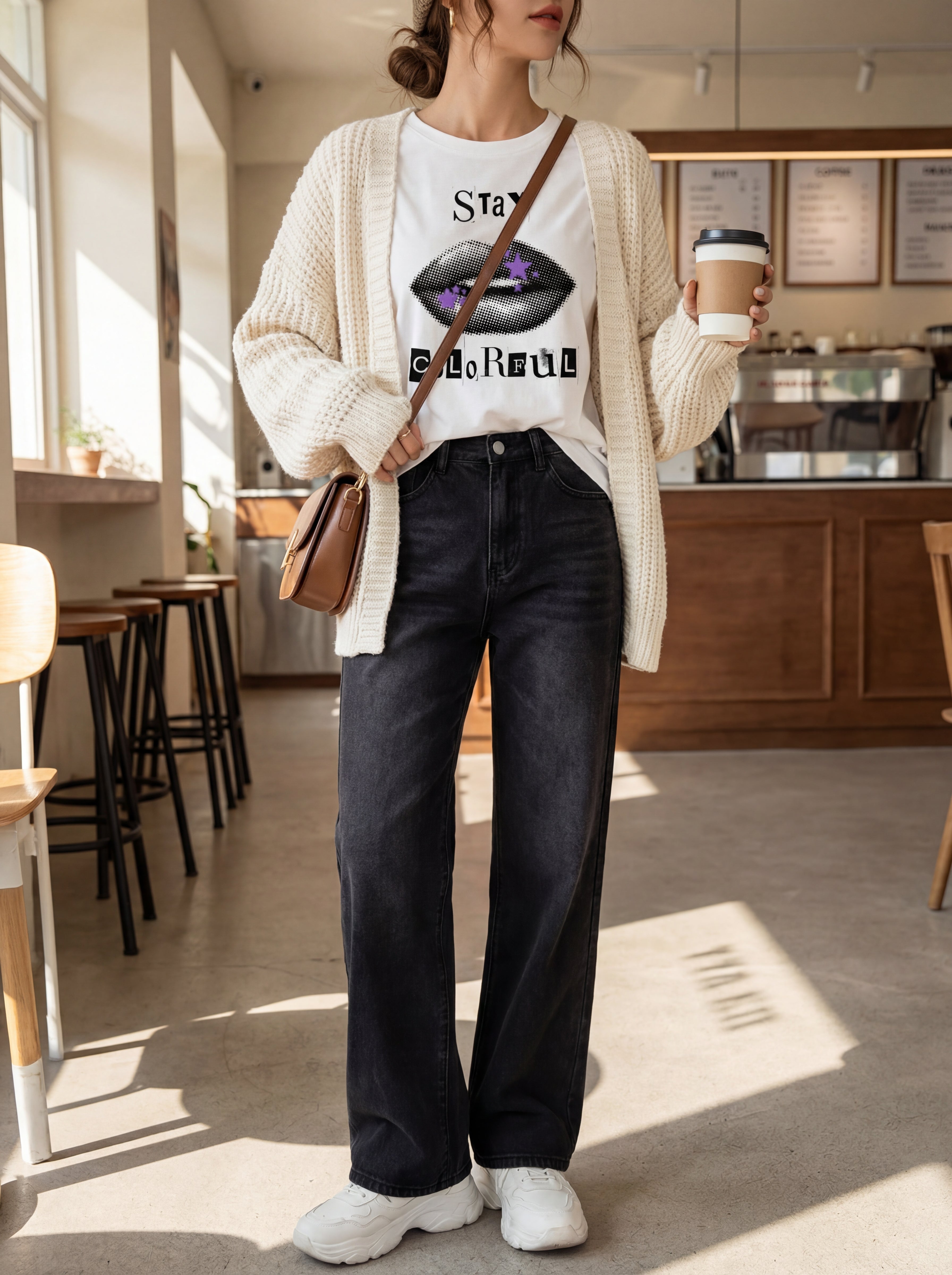 Model 3 wearing Stay colorful organic cotton white t-shirt 