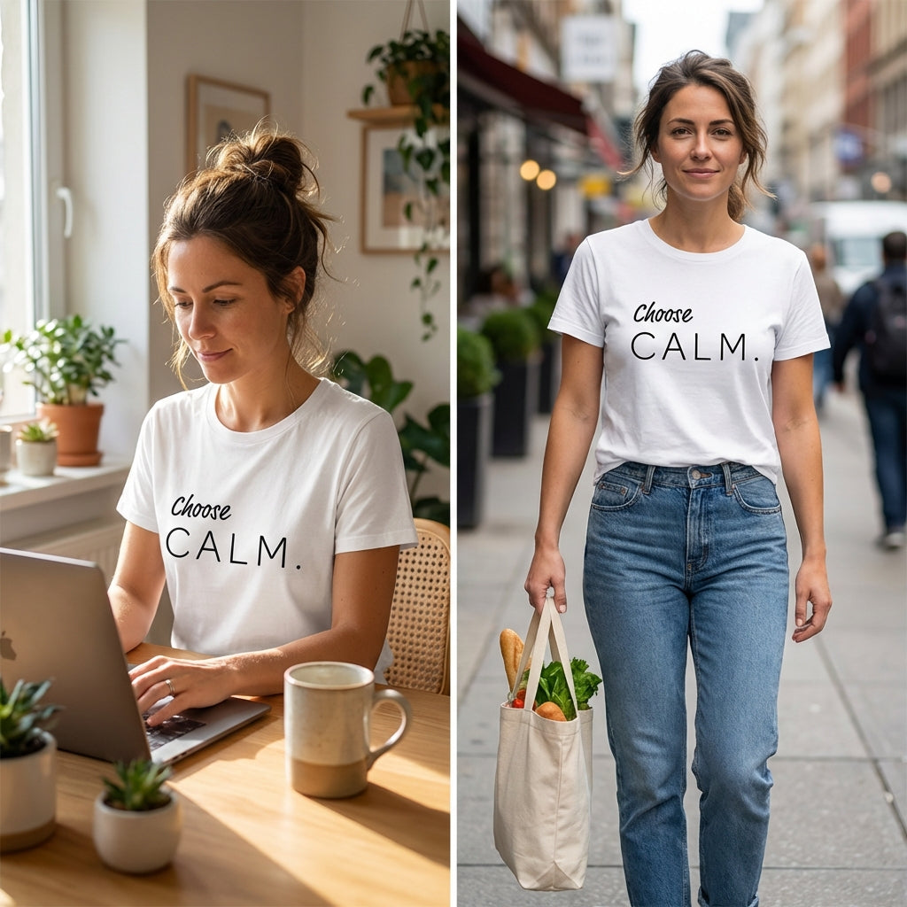 Model 4 wearing Choose calm organic cotton white t-shirt