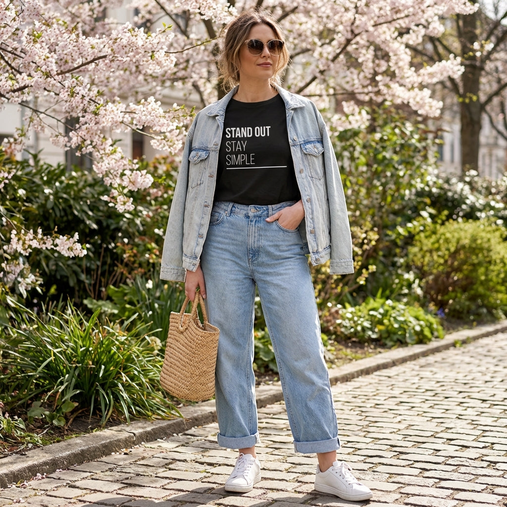 Model 4 wearing Stand out stay simple organic cotton black t-shirt