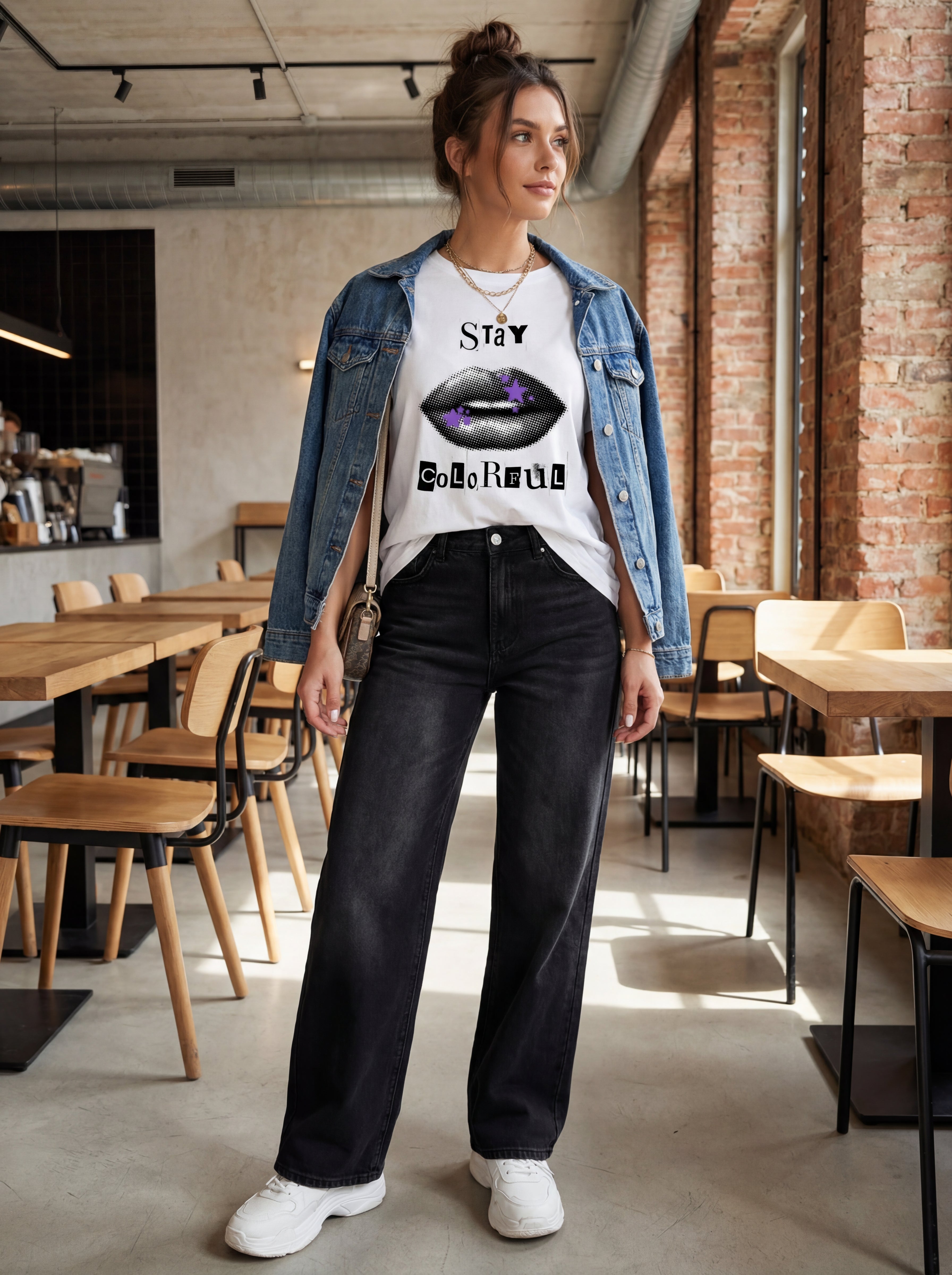 Model 4 wearing Stay colorful organic cotton white t-shirt 