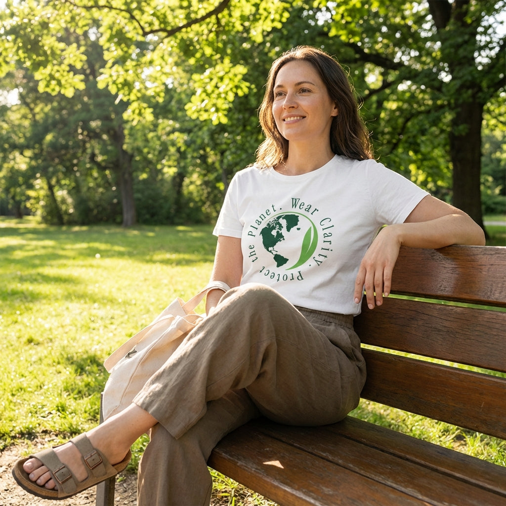 Model 4 wearing Wear clarity protect the planet organic cotton white t-shirt