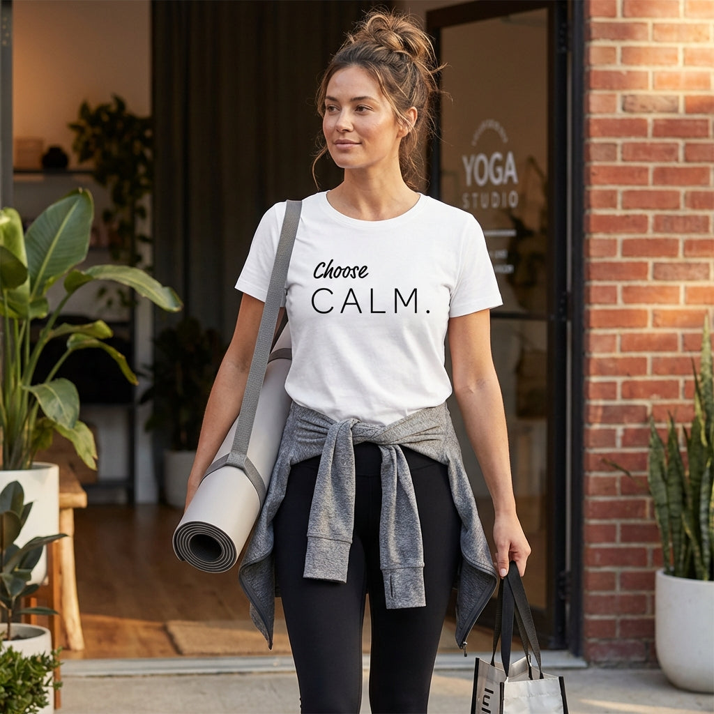 Model wearing Choose calm organic cotton white t-shirt