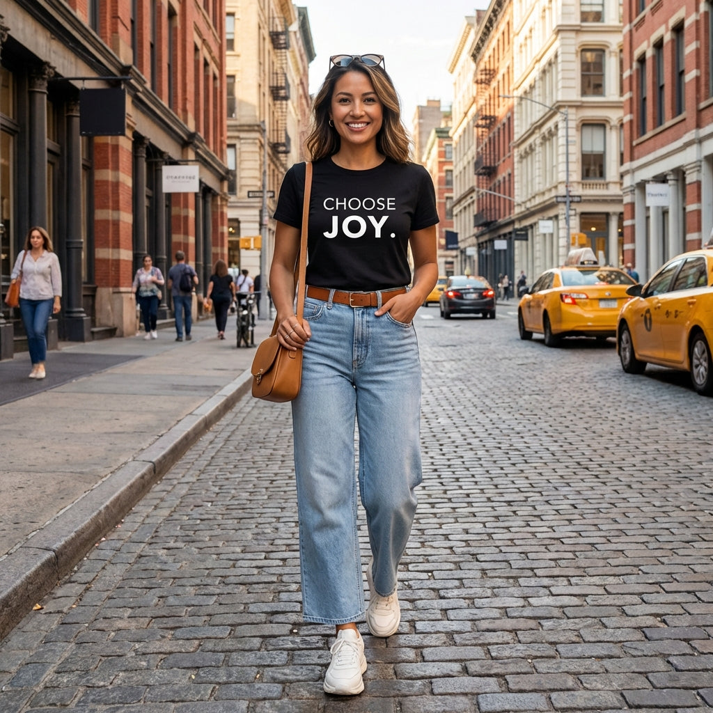 Model wearing Choose joy organic cotton black t-shirt 