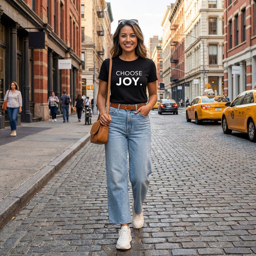 Model wearing Choose joy organic cotton black t-shirt 