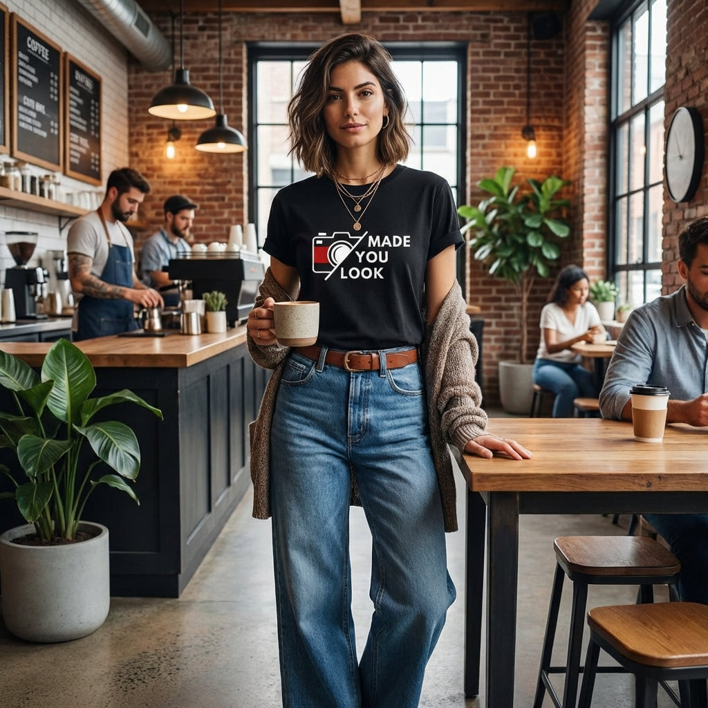 Model wearing Made you look organic cotton black t-shirt 