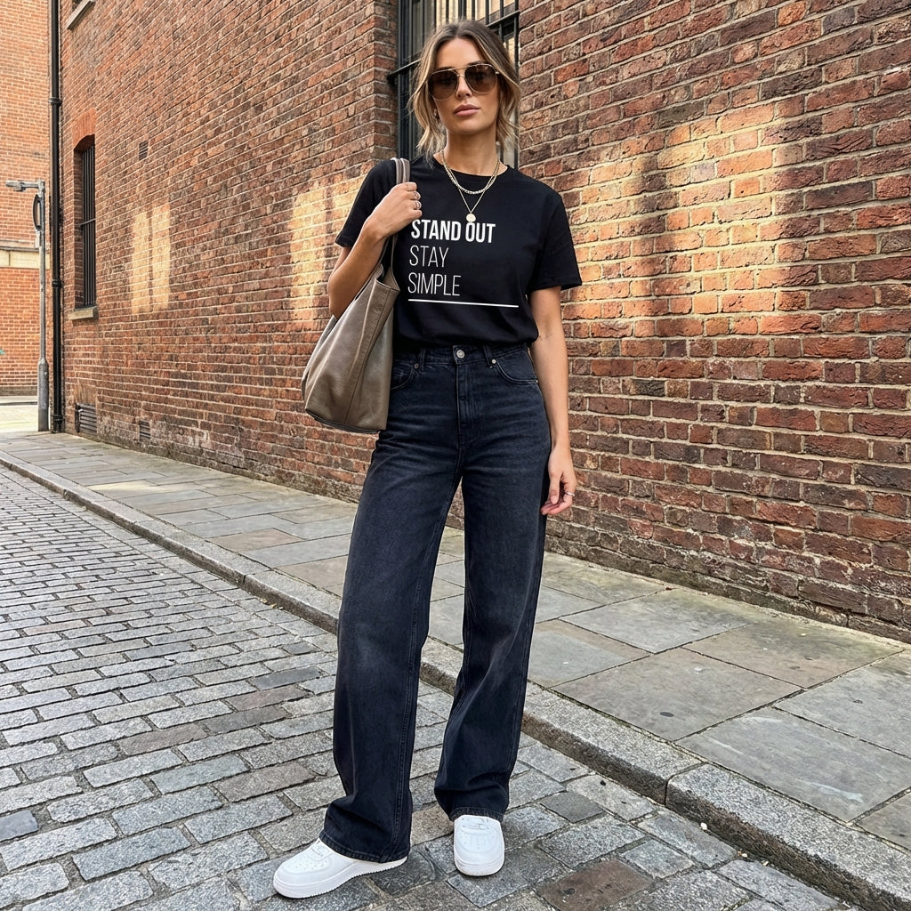 Model wearing Stand out stay simple organic cotton black t-shirt