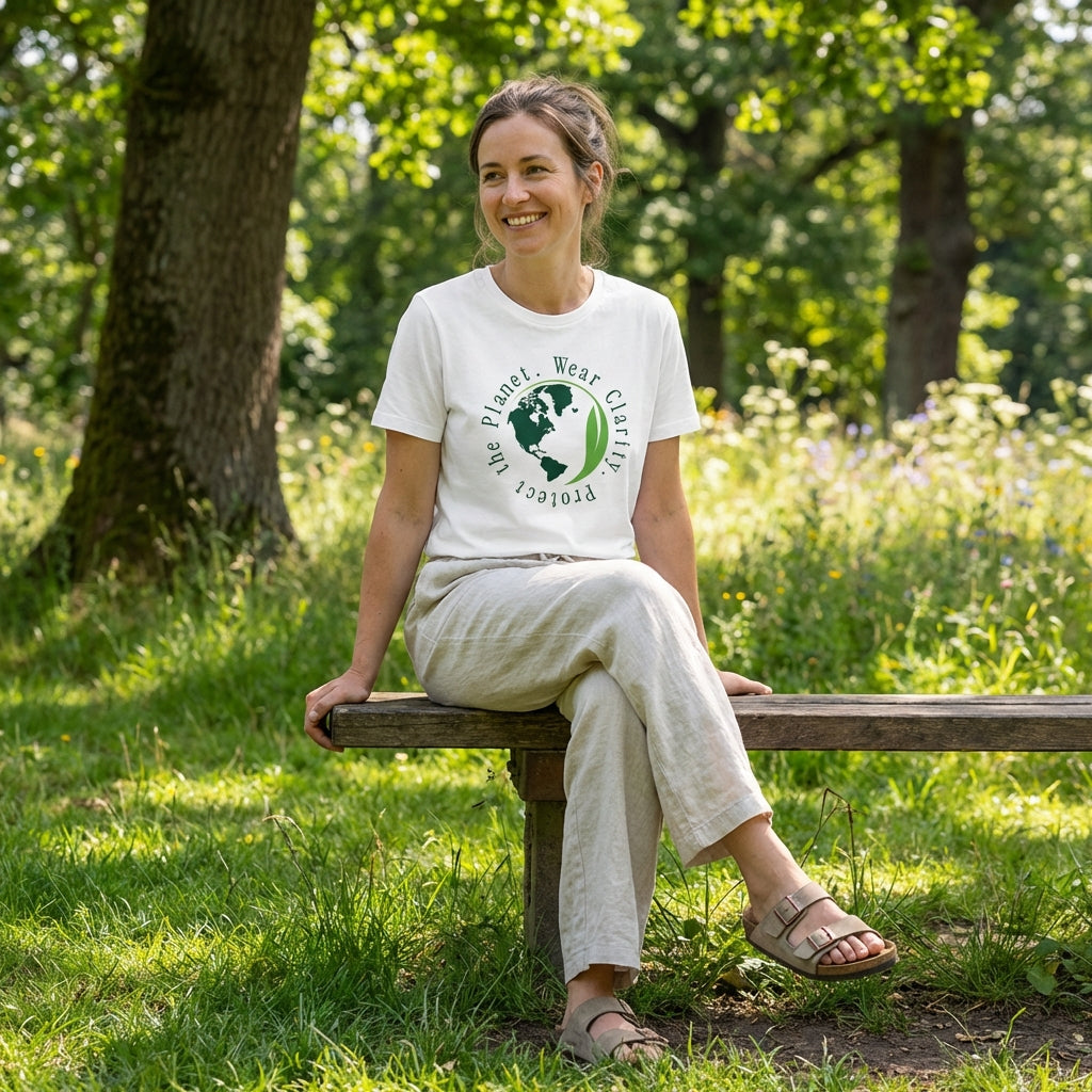 Model wearing Wear clarity protect the planet organic cotton white t-shirt