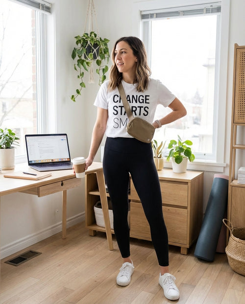 Model wearing the "Change starts small" t-shirt