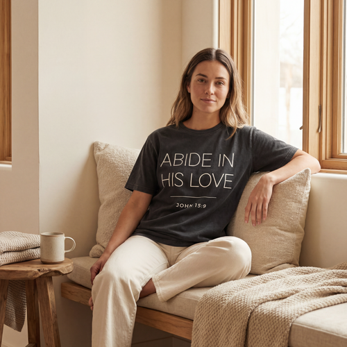 Woman wearing the "abide in his love john 15:9" motivational t shirt in warm natural sunlight with a peaceful, reflective mood.
