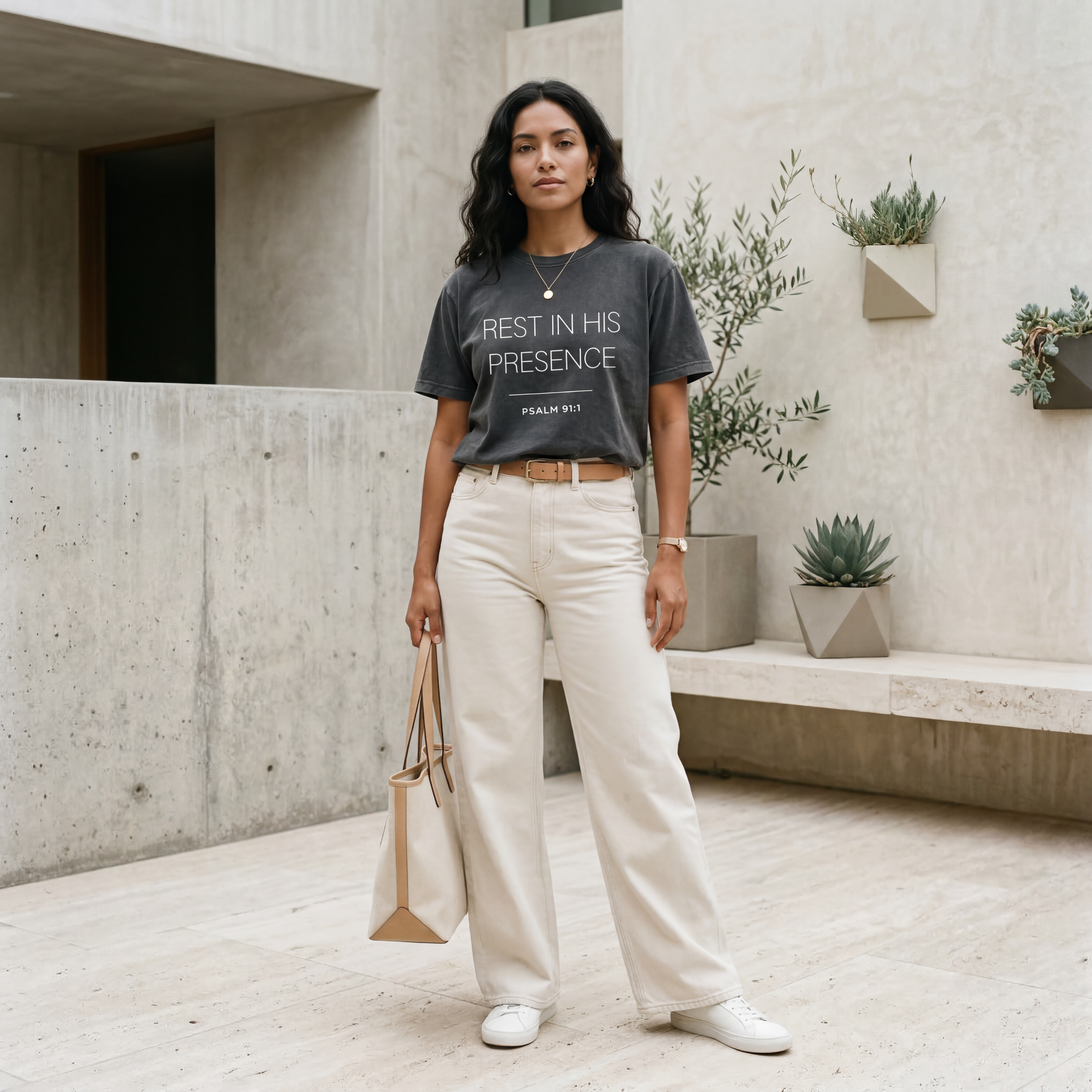 Woman wearing the "rest in his presence psalm 91:1" minimalist graphic tee with gentle movement and a warm, approachable expression.